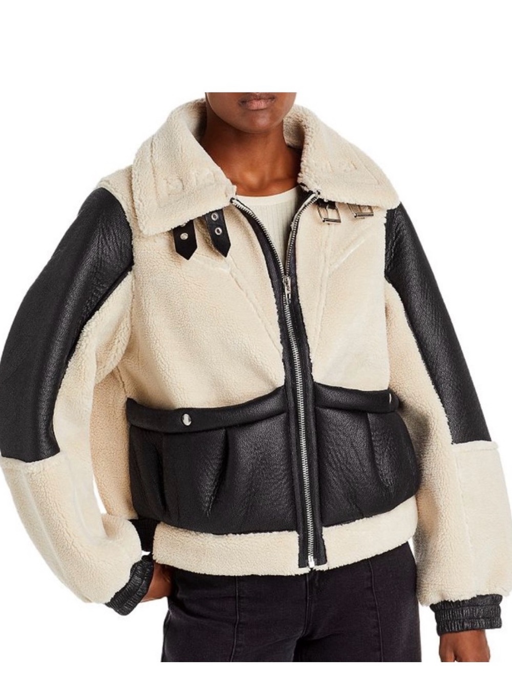 Blank NYC Women's Cream and Black Faux Shearling Aviator Jacket - LIKE NEW